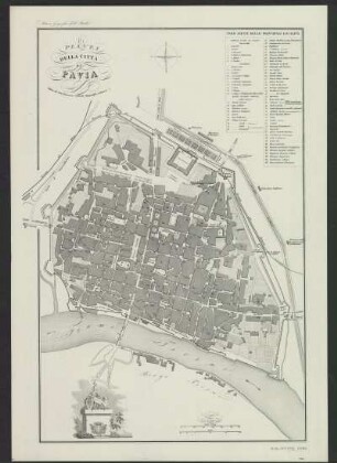 Stadtplan von Pavia, Italien, ca. 1:5 000, Lithographie, ca. 1850