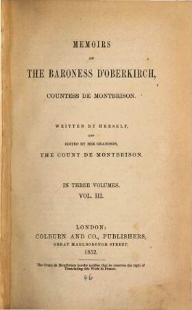 Memoirs : Written by herself and edited by her grandson, the Count de Montbrison. In three volumes, 3