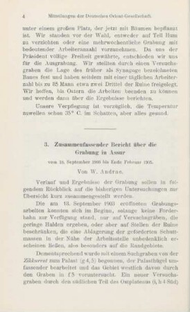 3. Zusammenfassender Bericht über die grabungen in Assur