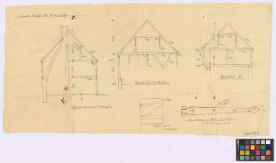 Klein-Rodensleben ([Landkreis Wanzleben]): Gehöft Zabel. - Wohnhaus (Querschnitt). - Scheune (Querschnitt). - Stall A (Querschnitt). - Klappe (Ansicht der Innenseite). - Metallleiste (Ansicht)