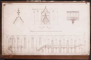 Klosterkirche, Neuruppin: Schnitt durch das Längsschiff, Fassadengrundriss, Fassadendetails, Maßstabsleiste