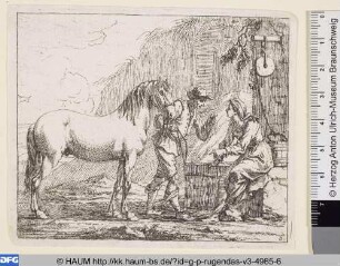 Frau am Brunnen und Mann mit Pferd im Gespräch