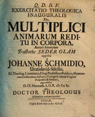 Exercitatio theol. inaug. de multiplici animarum reditu in corpora