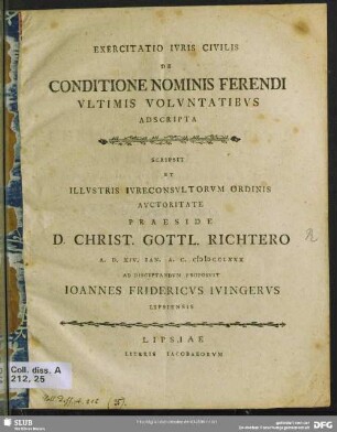Exercitatio Iuris Civilis De Conditione Nominis Ferendi Ultimis Voluntatibus Adscripta