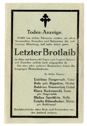 o.Nr.: Todes-Anzeige ... Letzter Brotlaib ...