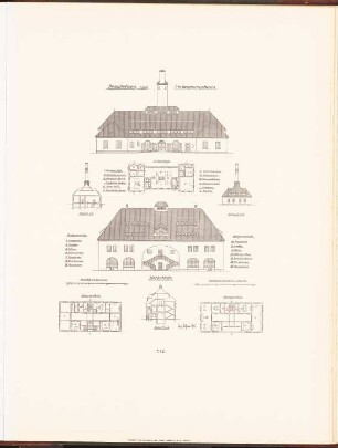Rudolf Virchow-Krankenhaus, Berlin: Grundriss EG, Ansicht, Seitenansicht, Schnitt AB Verbrennungshaus, Grundriss Keller, 1.OG, Ansicht, Schnitt AB Werkstätte (aus: Neubauten der Stadt Berlin, Bd. VI, 1907)
