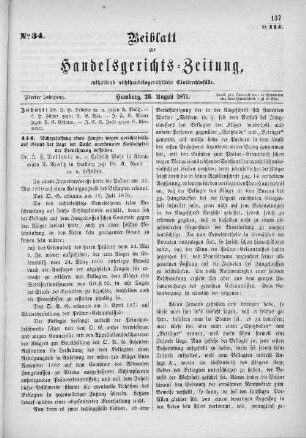 Beiblatt zur hamburgischen Handelsgerichts-Zeitung No. 34. Vierter Jahrgang. Hamburg, 26. August 1871.