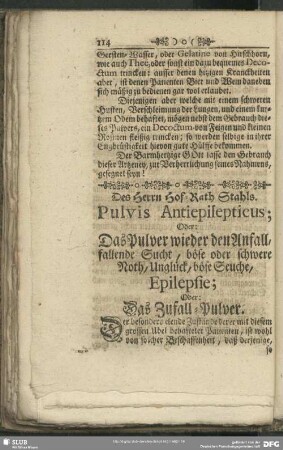 Pulvis Antiepilepticus; Oder Das Pulver wieder den Anfall, fallende Sucht, böse oder schwere Noth, Unglück, böse Seuche Epilepsie