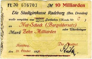 Not-Scheck (Bargeldersatz) über Zehn Milliarden Mark