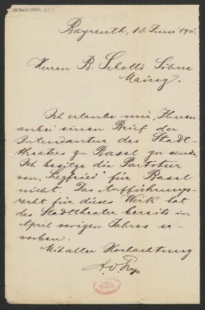 Brief an B. Schott's Söhne : 18.06.1901