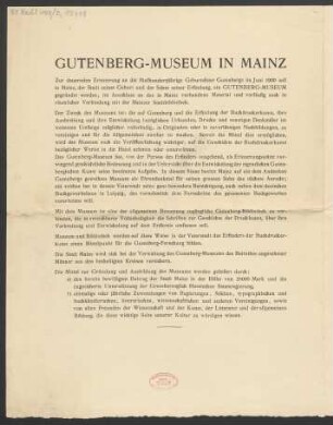 Ankündigung der Gründung des Gutenberg-Museums