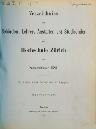 Verzeichnis der Behörden, Dozenten, Anstalten und Studierenden. 1885, SS