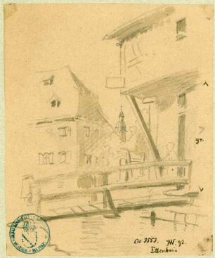Ettenheim Haus mit Brücke über den Dorfbach, mit Blick auf den Turm der Pfarrkirche