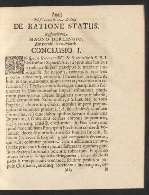 Dissertatio Tertia decima De Ratione Status.
