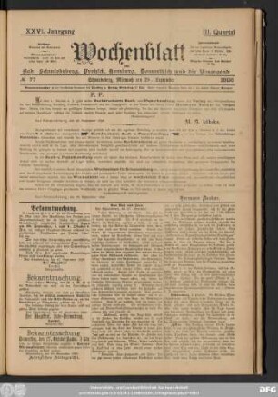 Wochenblatt für Bad Schmiedeberg, Pretzsch, Kemberg, Dommitzsch und die Umgegend, No 77 Schmiedeberg, Mittwoch den 28. September
