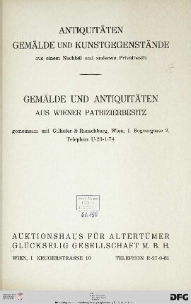 Antiquitäten, Gemälde und Kunstgegenstände aus einem Nachlaß und anderem Privatbesitz : [25., 26., 27. November 1936]