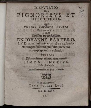 Disputatio De Pignoribus Et Hypothecis