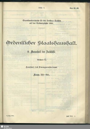 II. Haushalt der Zuschüsse. Abschnitt G. Haushalt des Finanzministeriums. Kap. 53-60