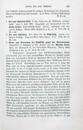 297-299 [Rezension] Der neue Syllabus Pius X. oder Dekret des Hl. Offiziums "Lamentabili" vom 3. Juli 1907