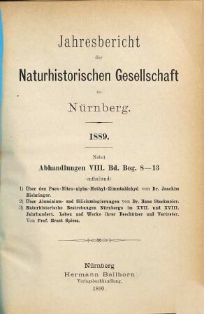 Jahresbericht der Naturhistorischen Gesellschaft Nürnberg. 1889 (1890)
