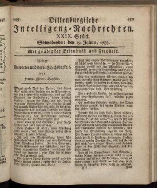 XXIX. Stück. Sonnabends : den 19. Julius, 1788.