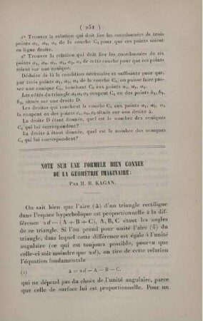 Note sur une formule bien connue de la géométrie imaginaire.