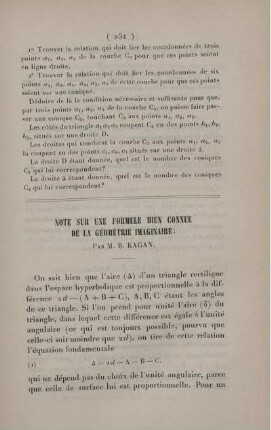 Note sur une formule bien connue de la géométrie imaginaire.