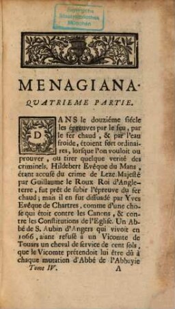 Menagiana Ou Les Bons Mots Et Remarques Critiques, Historiques, morales & érudition De Monsieur Menage : Recueillies Par Ses Amis, 4