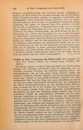 506-507 [Rezension] Man, Hendrik de, Vermassung und Kulturverfall