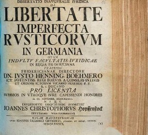 Dissertatio Inavgvralis Ivridica De Libertate Imperfecta Rvsticorvm In Germania