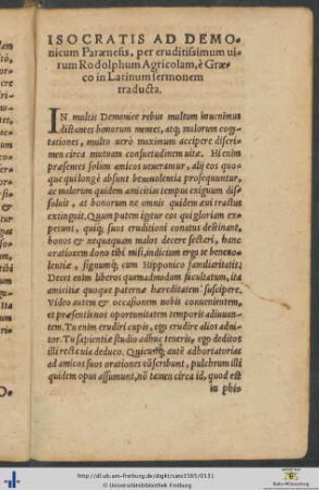 Isocratis Ad Demonicum Parænesis per Rodolphum Agricolam traducta