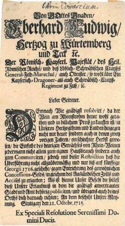 Dekret von Herzog Eberhard Ludwig über die Einfuhr von Rheinwein