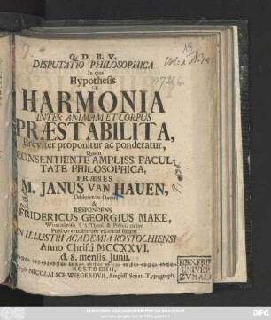 Disputatio Philosophica In qua Hypothesis De Harmonia Inter Animam Et Corpus Praestabilita Breviter proponitur ac ponderatur