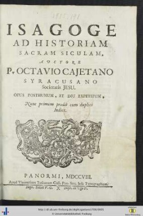 Isagoge Ad Historiam Sacram Siculam : opus posthumum