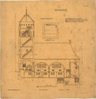 Fischer, Theodor; Stuttgart; Erlöserkirche - Kirche mit Turm (Längsschnitt, Schnitt)