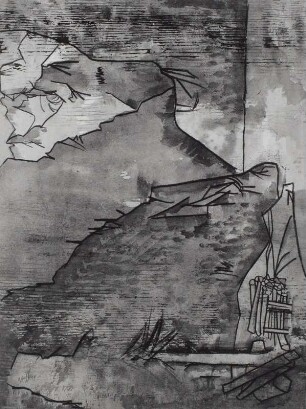 Konstruktive Gebirgslandschaft, im Vordergrund See mit Holzstapel
