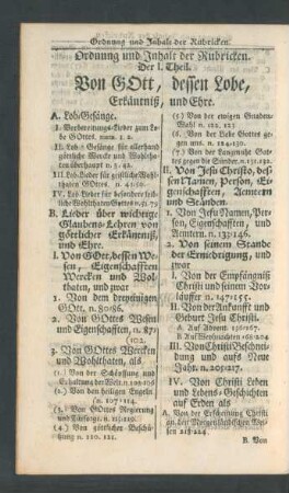Ordnung und Inhalt der Rubricken.