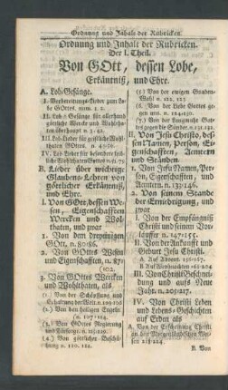 Ordnung und Inhalt der Rubricken.