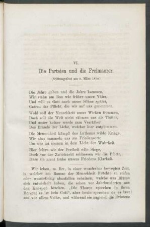 VI. Die Parteien und die Freimaurer. : (Stiftungsfest am 8. März 1870.)