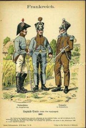 Uniformdarstellung, Gemeine und Trompeter des Gepäck-Trains, Erstes Kaiserreich Frankreich, 1807.