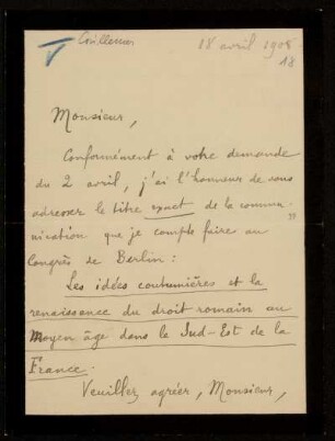 18: Brief von Robert Caillemer an Otto von Gierke, Grenoble, 18.4.1908