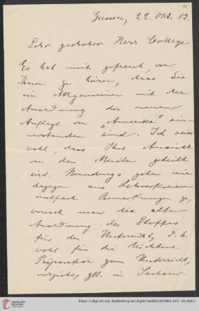 Nachlass Alfred Hettner, Eingegangene Briefe, Korrespondenz Wilhelm Sievers/Alfred Hettner: Brief von Wilhelm Sievers an Alfred Hettner