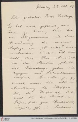 Nachlass Alfred Hettner, Eingegangene Briefe, Korrespondenz Wilhelm Sievers/Alfred Hettner: Brief von Wilhelm Sievers an Alfred Hettner