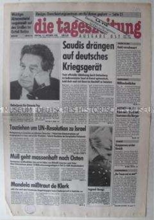 Fragment der Ost-Ausgabe der "tageszeitung" u.a. über Waffenexporte nach Saudi-Arabien