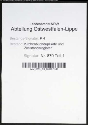 Kirchenbuchduplikate der katholischen Gemeinde (HT 1869). (Gemeinde: Bochum, katholische Gemeinde Stadt und Land (getrennt))