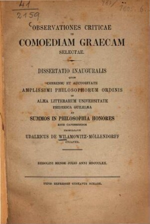 Observationes criticae in Comoediam Graecam selectae