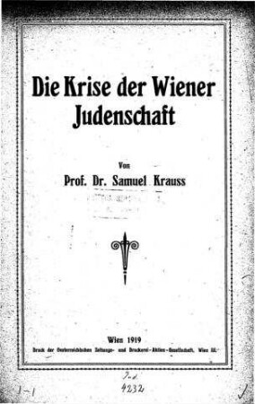 Die Krise der Wiener Judenschaft / von Samuel Krauss