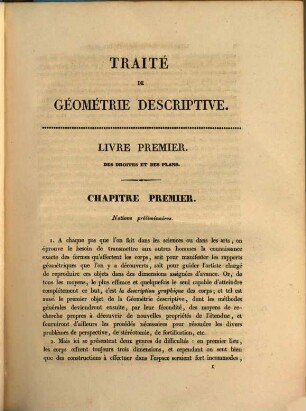 Traité de Geometrie descriptive : avec une collection d'épures, composée de 60 planches. 1, Texte