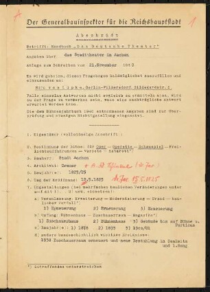 Stadttheater, Aachen: Fragebogen für das Handbuch »Das Deutsche Theater«, Abschrift, vierseitiges Dokument