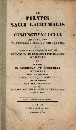 De polypis sacci lacrymalis et coniunctivae oculi : Dissertatio inauguralis medico-chirurgica ; Accedit tabula lapide excusa